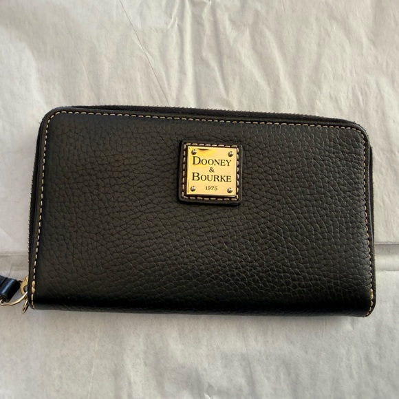 Dooney & Bourke Handbags - Dooney & Bourke Pebble Leather Black and Tan zip Wallet with Gold Accents